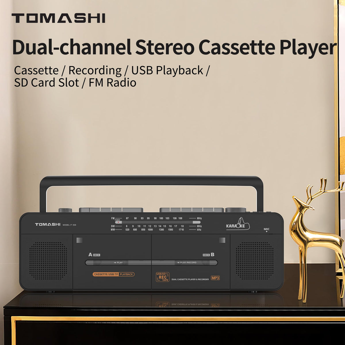 TOMASHI cassette recorder shows recording from USB/TF for quick digitization.