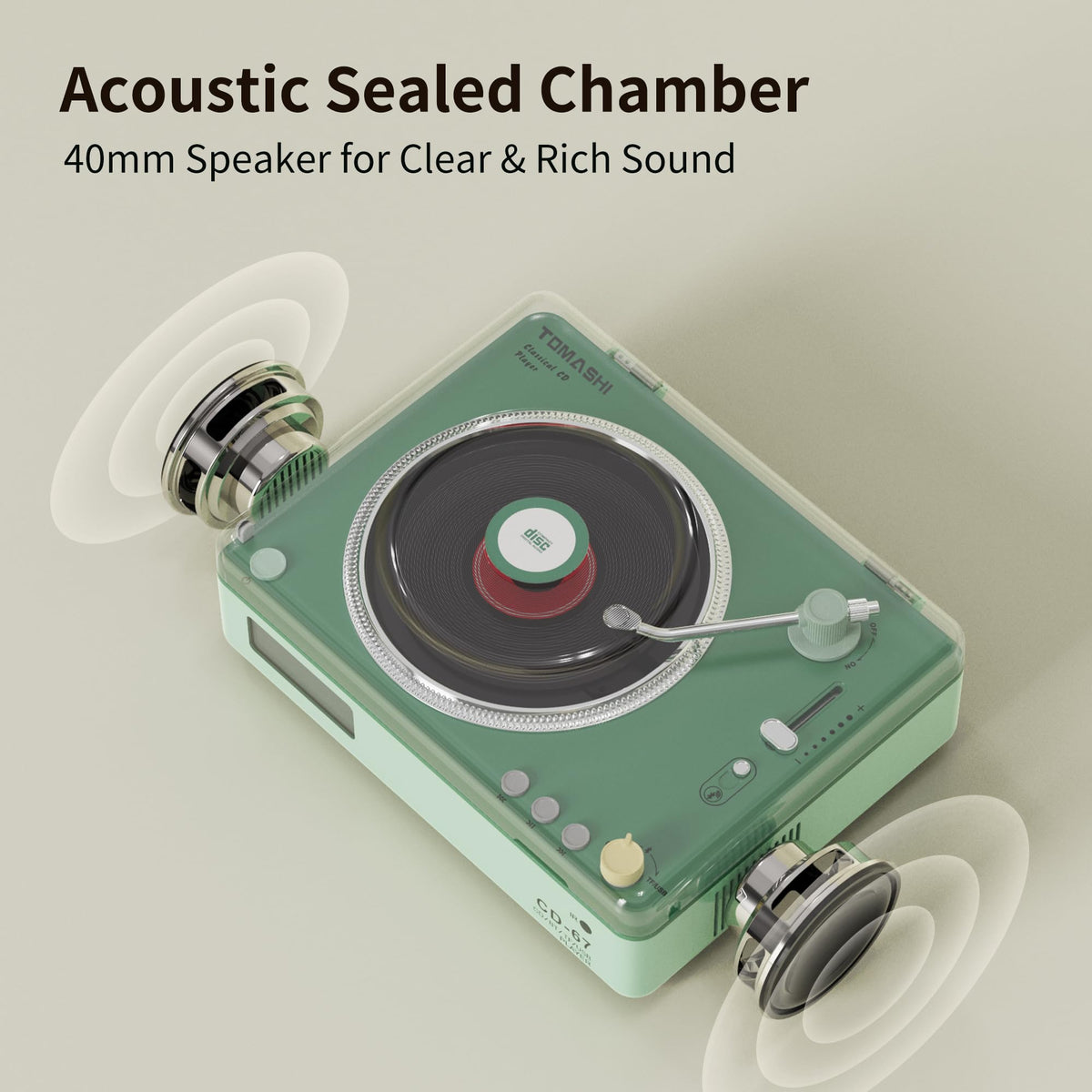 TOMASHI CD-67 green Bluetooth transmit mode enables private listening with wireless headphones.