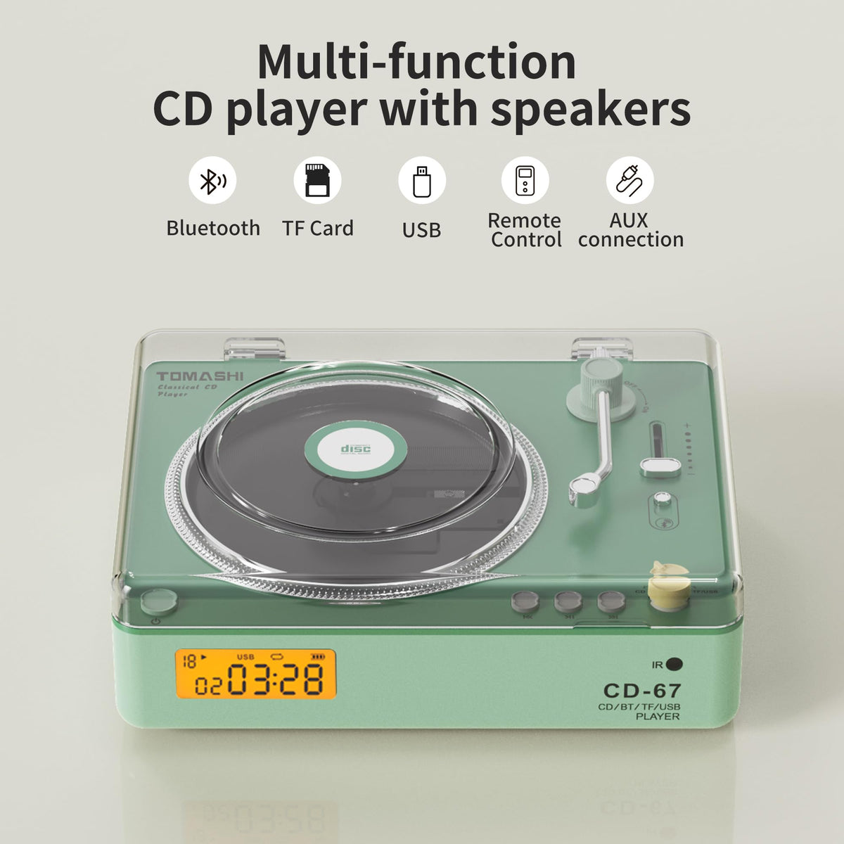 TOMASHI CD-67 green compact design is easy to carry for on-the-go listening.