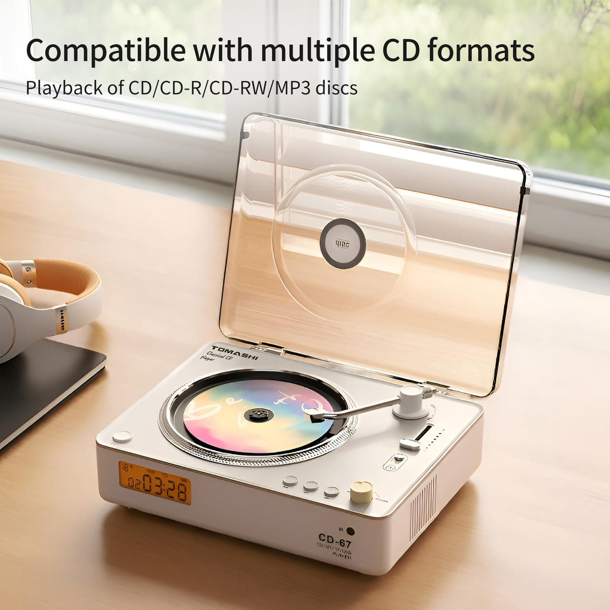 Tomashi CD67 White back view shows compact portable footprint for desks