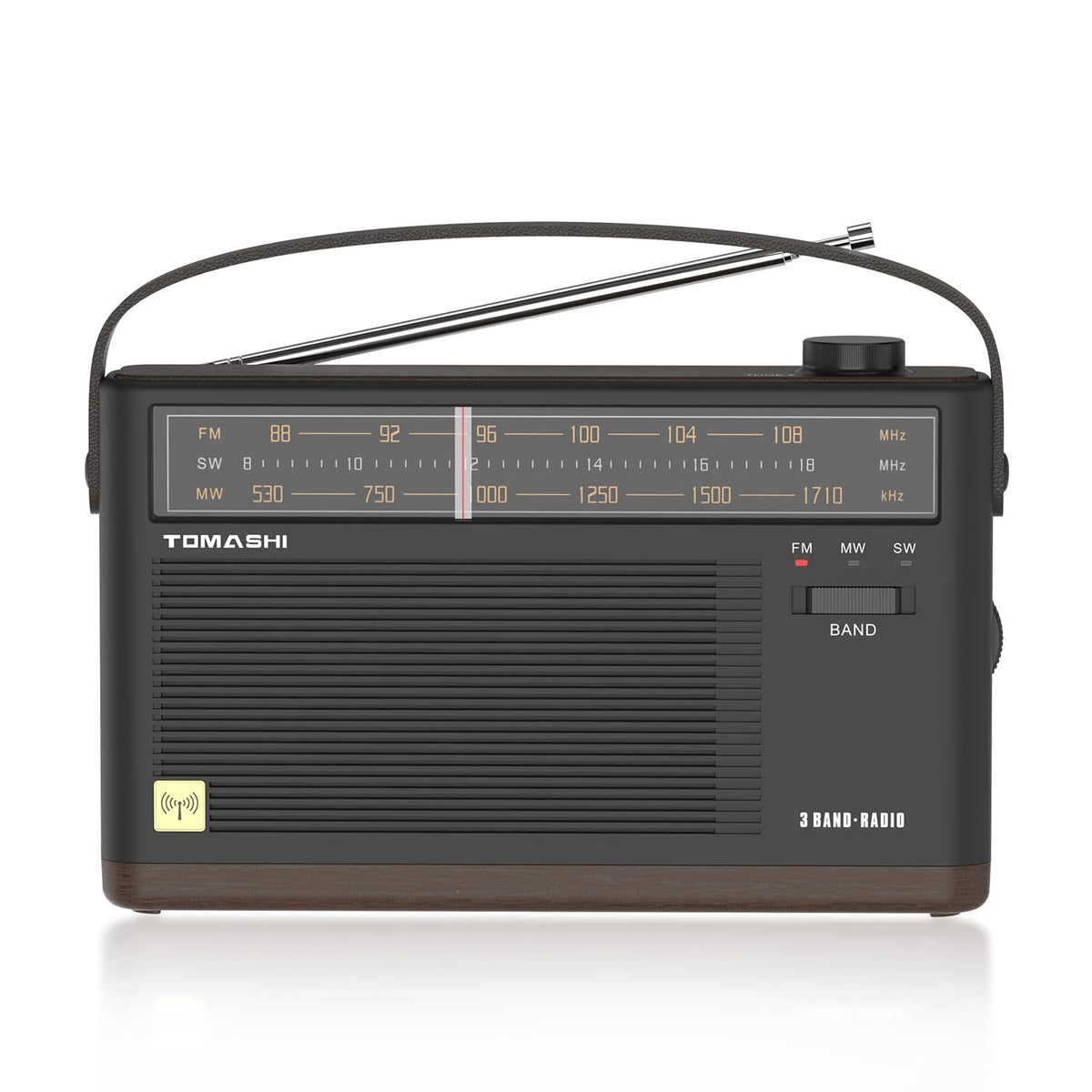 TOMASHI front panel showing tuner and LED band indicator for easy station selection