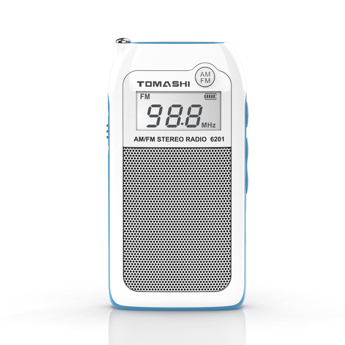 TOMASHI front view of white pocket radio showing compact design and buttons for easy portability