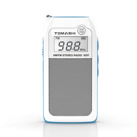 TOMASHI front view of white pocket radio showing compact design and buttons for easy portability