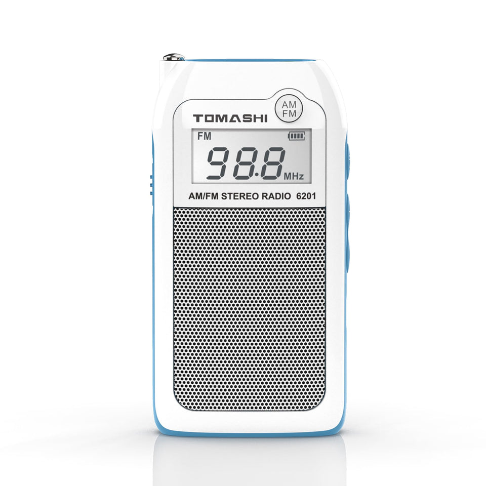 TOMASHI front view of white pocket radio showing compact design and buttons for easy portability