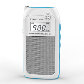 TOMASHI lifestyle image of radio in hand while walking to show travel-ready convenience