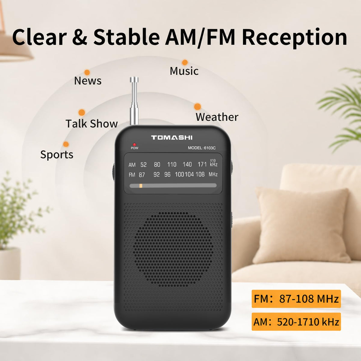 Tomashi Pocket Radio side controls highlight simple tuning and quick adjustments.