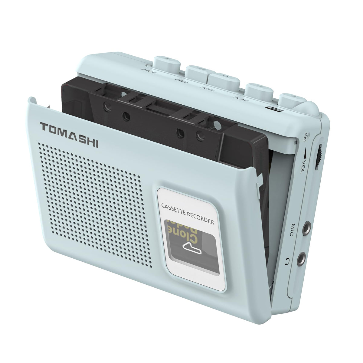 Tomashi portable cassette player blue front view with built-in speaker for on-the-go listening
