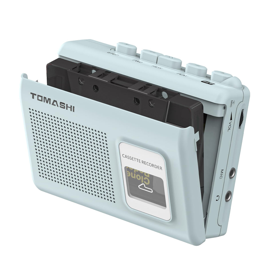 Tomashi portable cassette player blue front view with built-in speaker for on-the-go listening