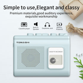 Tomashi portable cassette player blue packaging showing gift-ready presentation