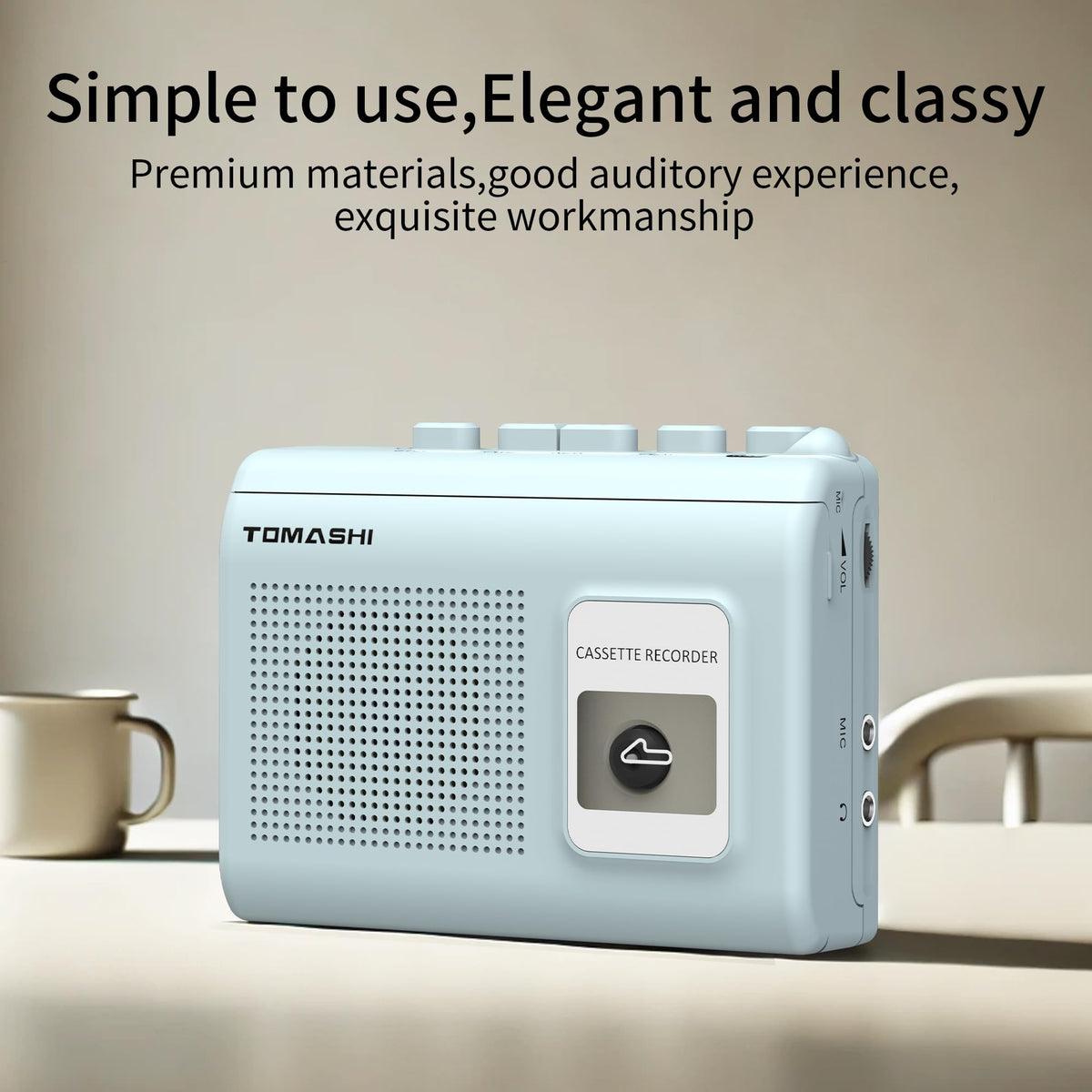 Tomashi blue portable cassette player in use with headphones illustrating flexibility