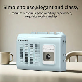Tomashi blue portable cassette player in use with headphones illustrating flexibility