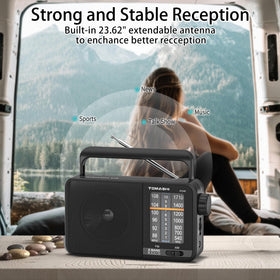 Tomashi portable radio with extended antenna for stronger AM/FM reception.