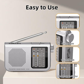 Tomashi portable radio battery compartment powered by AA cells for travel use