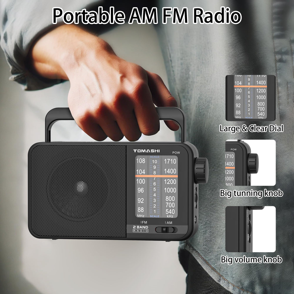 Tomashi portable radio with a big speaker delivering loud, crisp sound.