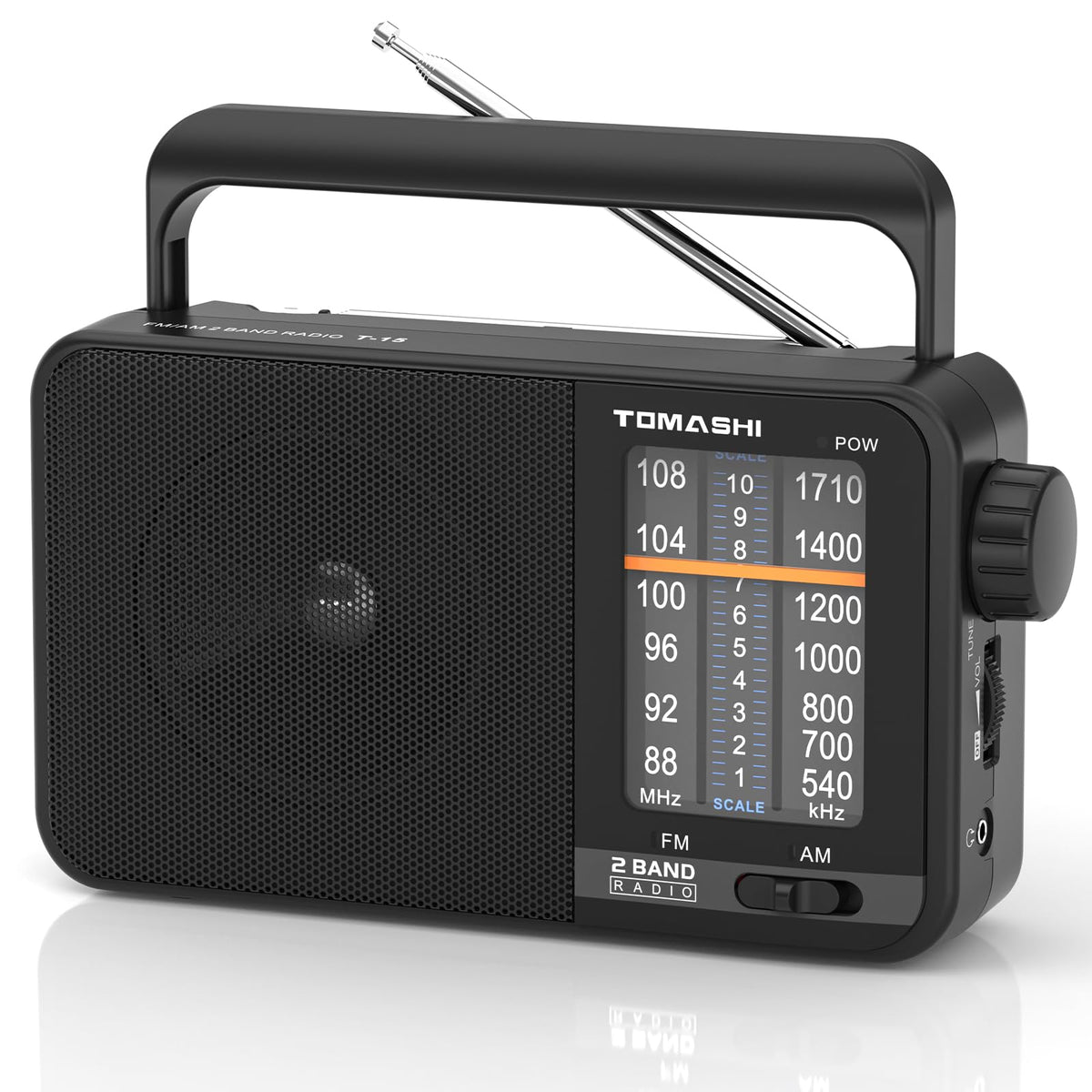 Tomashi portable radio front view showing clear display for easy tuning.
