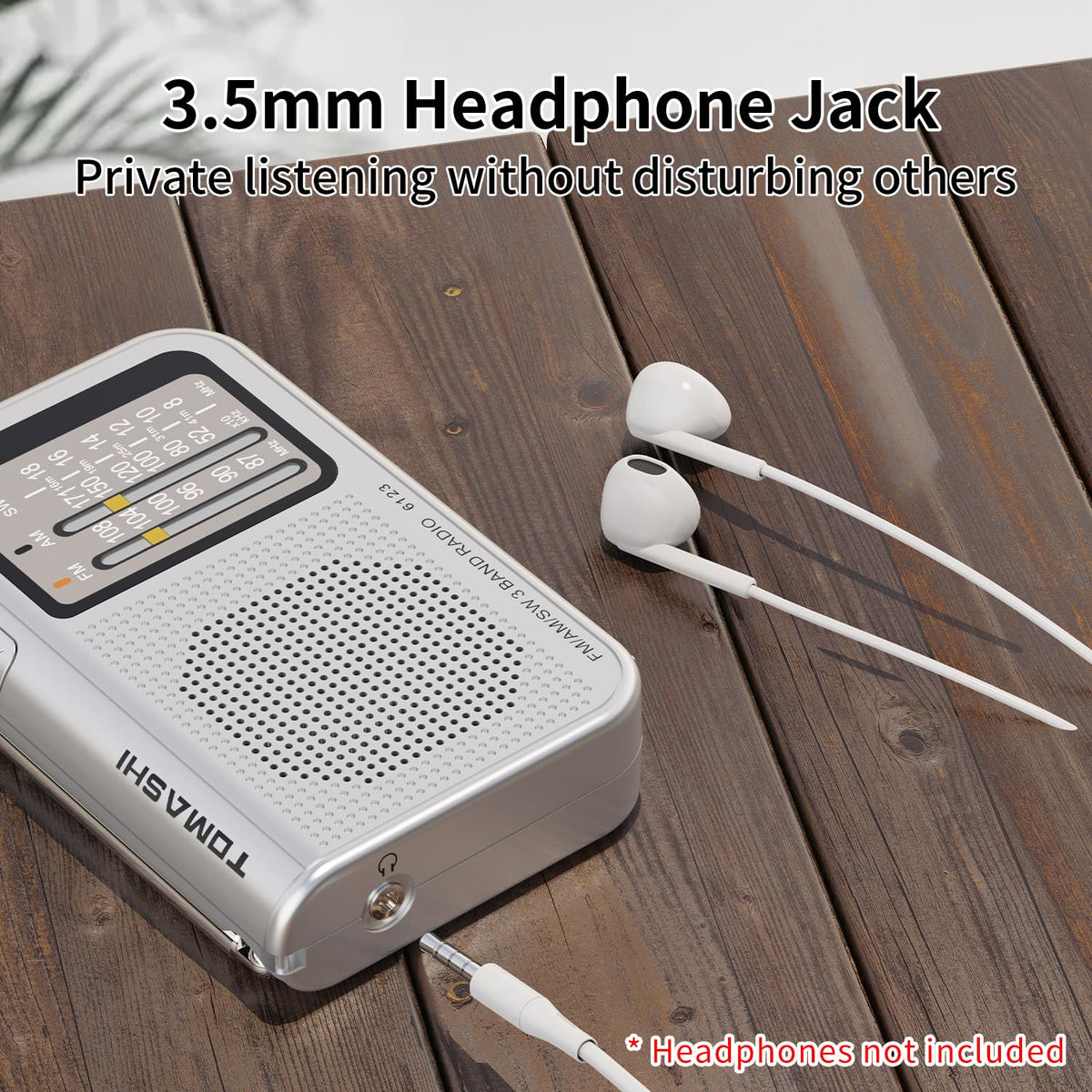 Tomashi portable radio with 3.5mm headphone jack for private listening