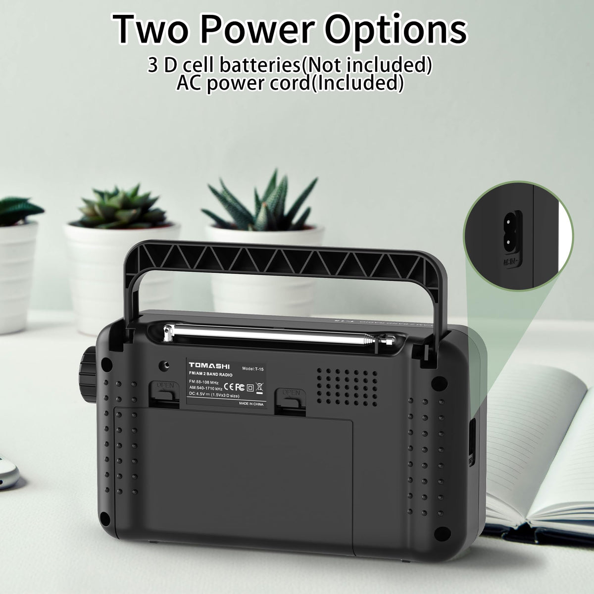 Tomashi radio featuring a 3.5mm headphone jack for private listening.