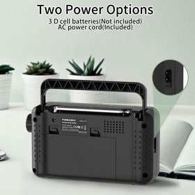 Tomashi radio featuring a 3.5mm headphone jack for private listening.
