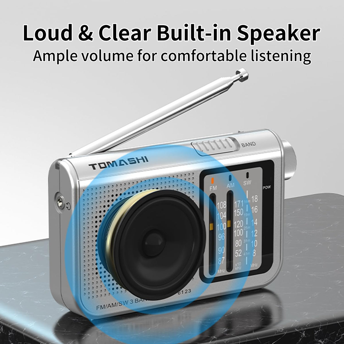 Tomashi portable radio with large tuning knob for effortless station selection