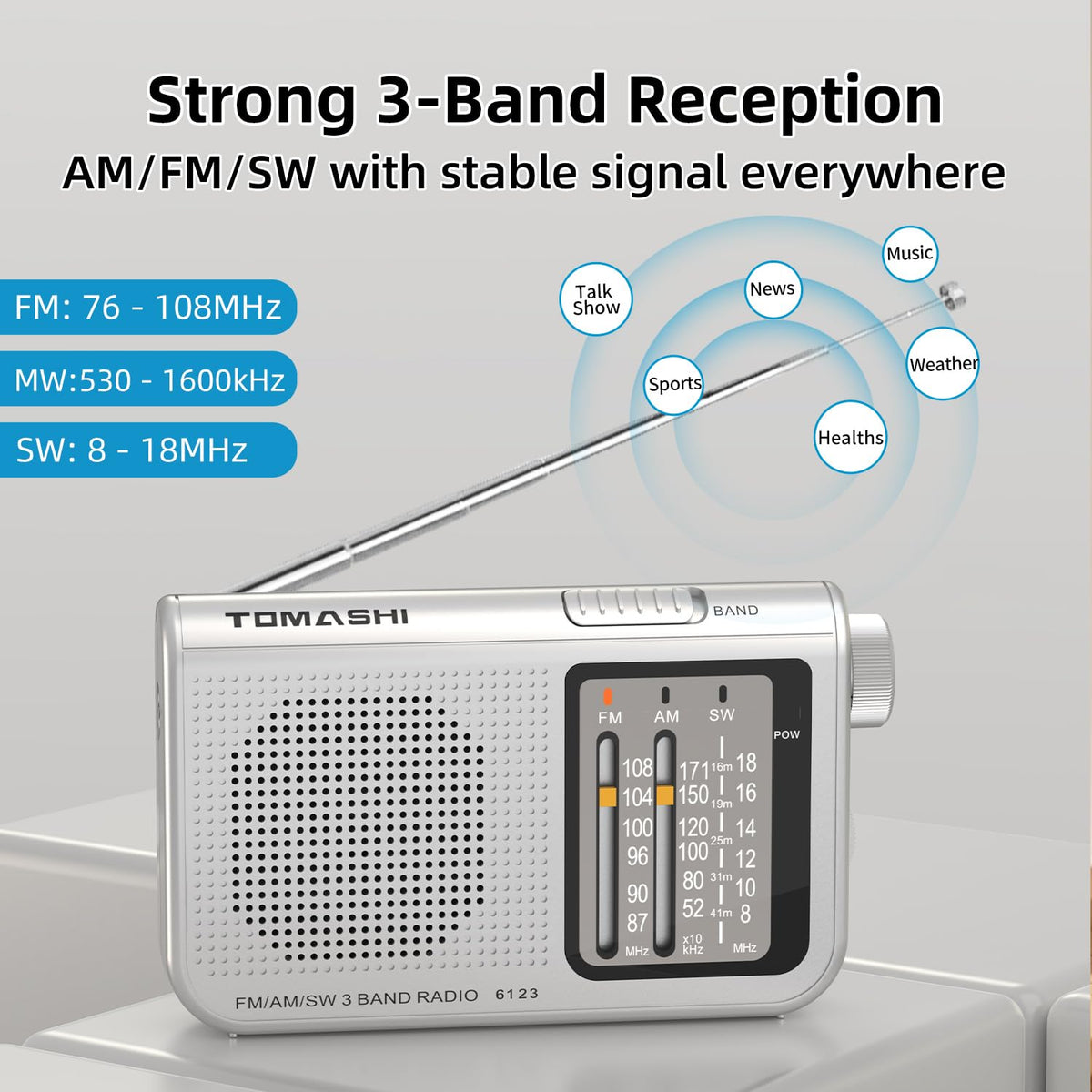 Tomashi portable radio with extended telescopic antenna for better reception
