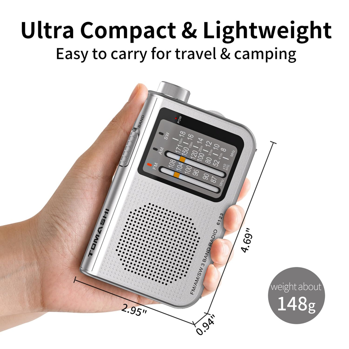 Tomashi portable radio with built-in hand strap for travel and outdoor use
