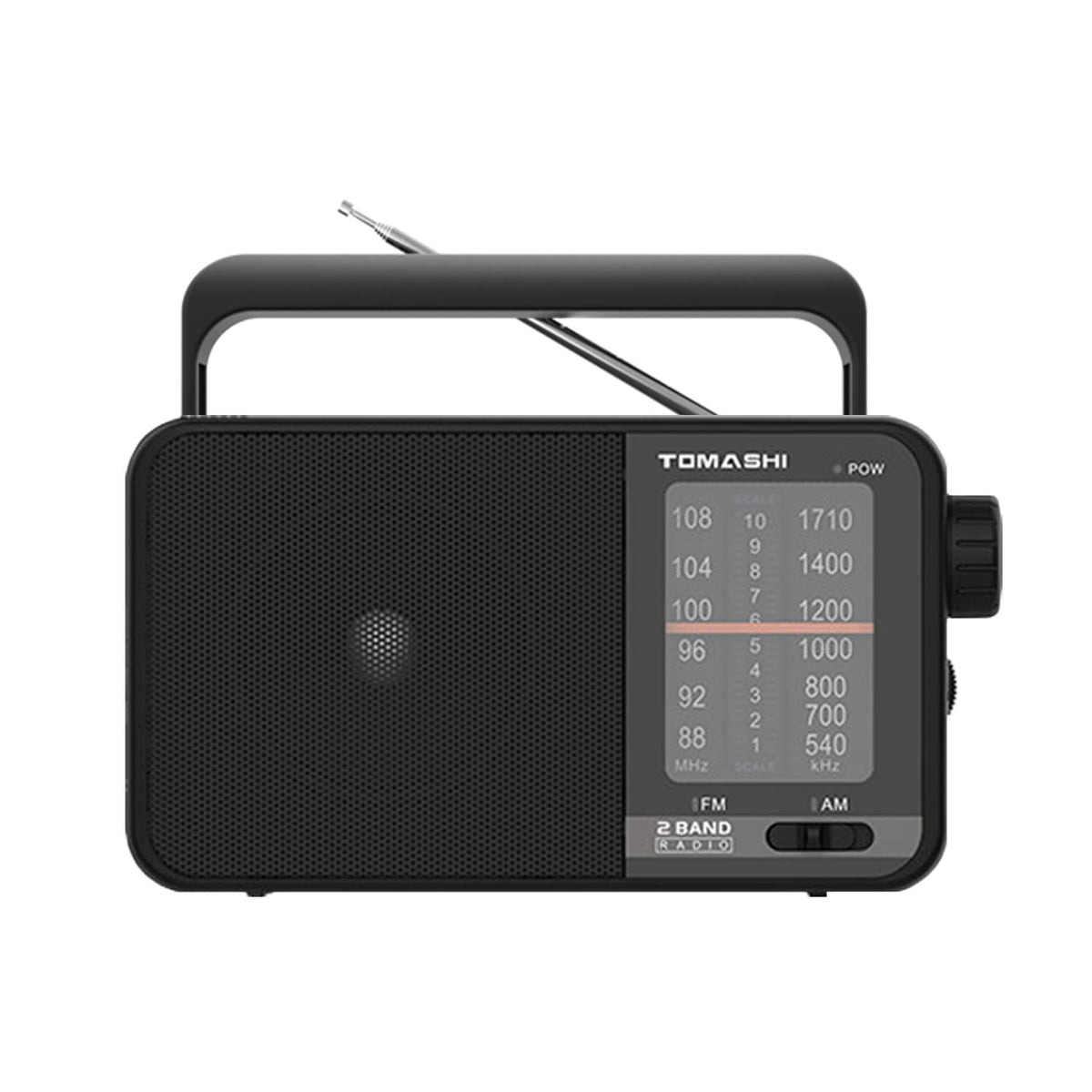 Tomashi compact black radio ideal for home or outdoor use.
