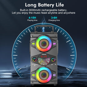 TOMPROAD speaker with remote control for easy LED and Bluetooth adjustments.
