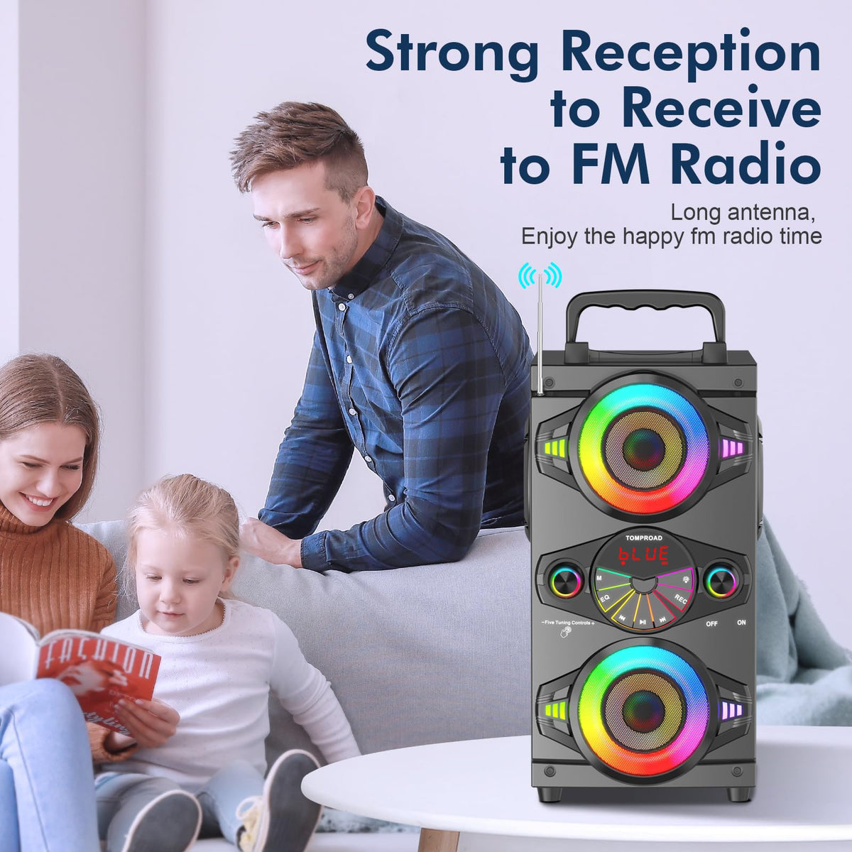 TOMPROAD speaker with FM radio and digital display for station surfing.