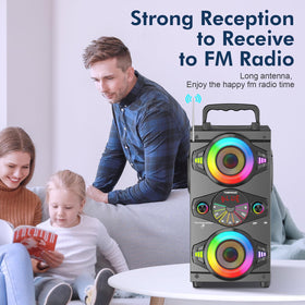 TOMPROAD speaker with FM radio and digital display for station surfing.
