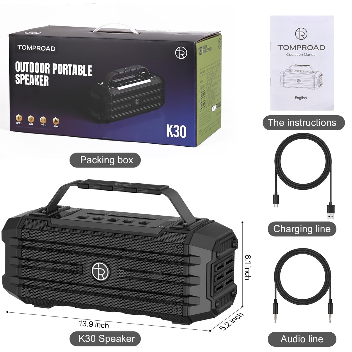 TOMPROAD K30 8000mAh battery powering long outdoor listening sessions