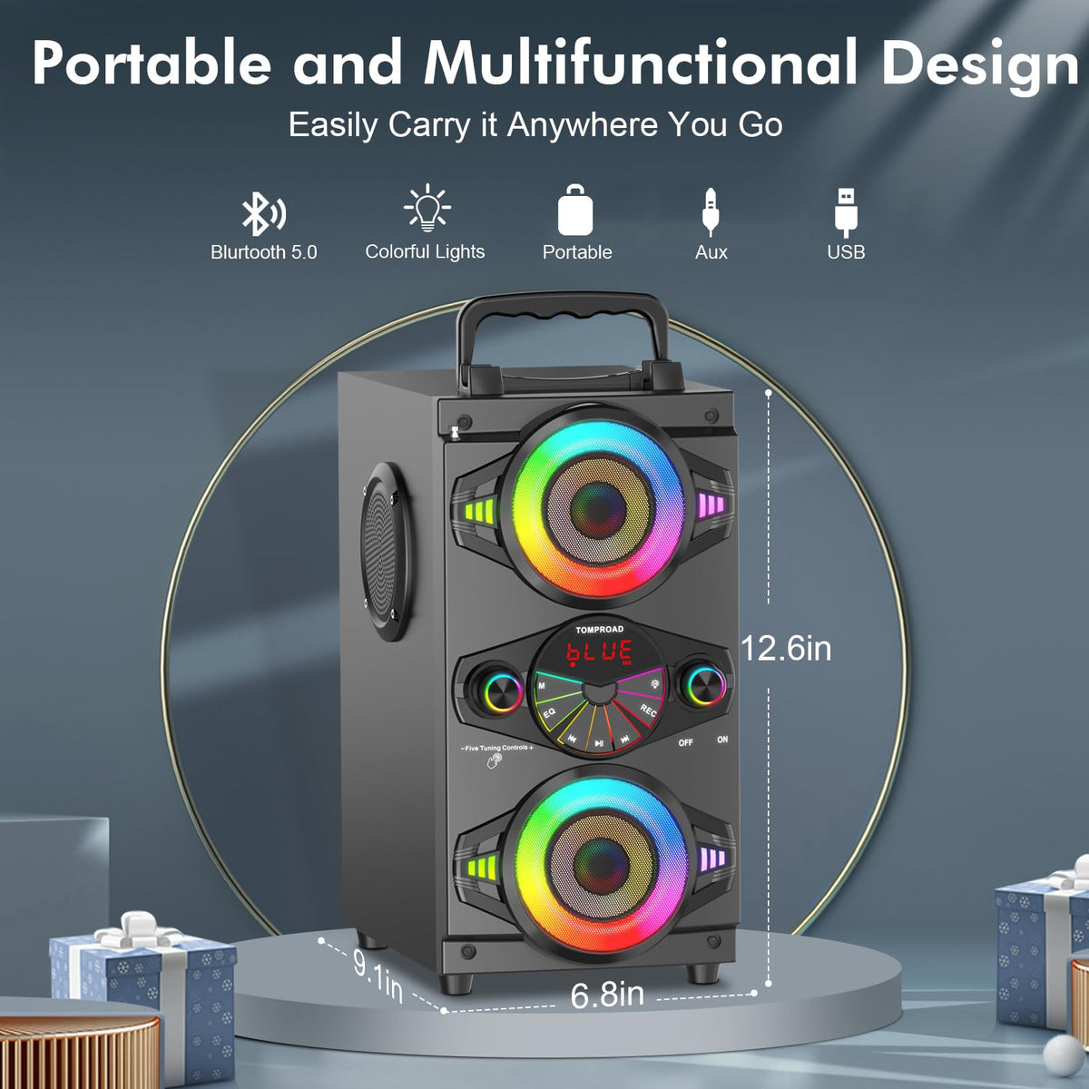 The TOMPROAD outdoor speaker's wooden cabinet delivers richer bass for outdoor gatherings.