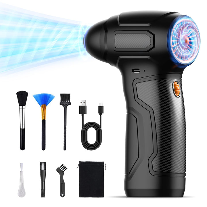 Tomzio front view of orange handheld electric air duster showing controls and nozzle, fast cleaning benefit