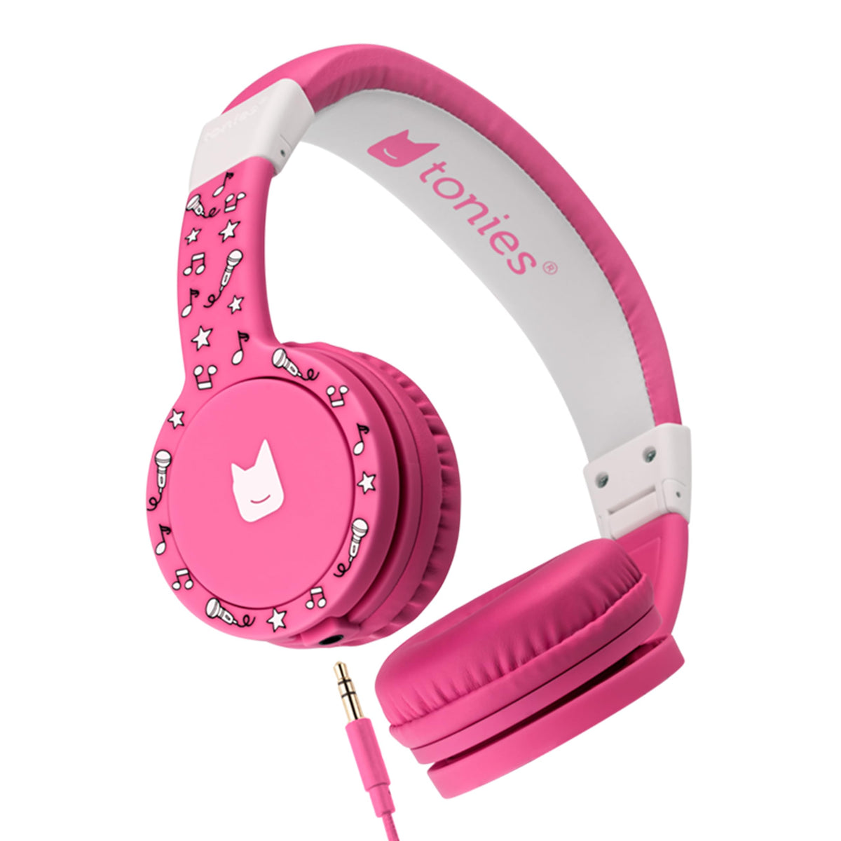 Tonies foldable pink headphones folded for easy storage and travel