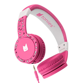 Tonies foldable pink headphones folded for easy storage and travel