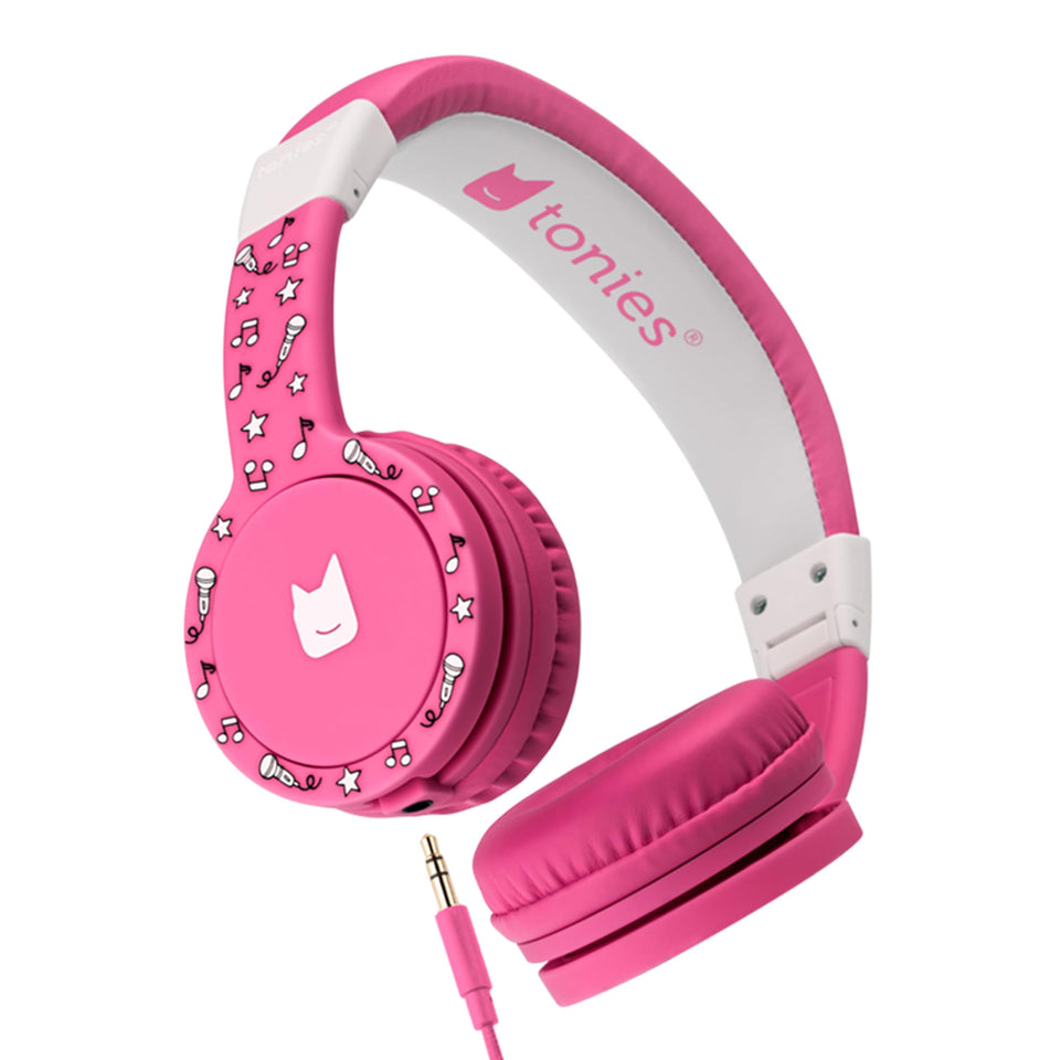 Tonies foldable pink headphones folded for easy storage and travel