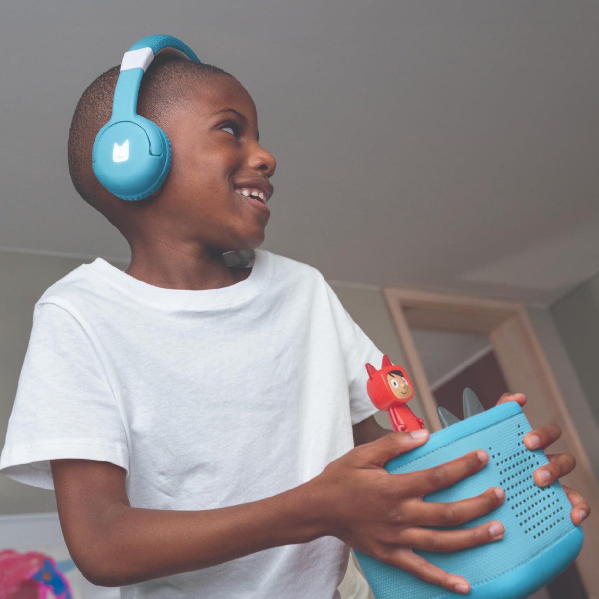 Tonies sky blue headphones folded compact for travel and space-saving benefit