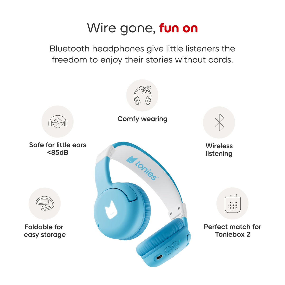 Tonies sky blue headphones pairing LED detail showing quick NFC connection benefit