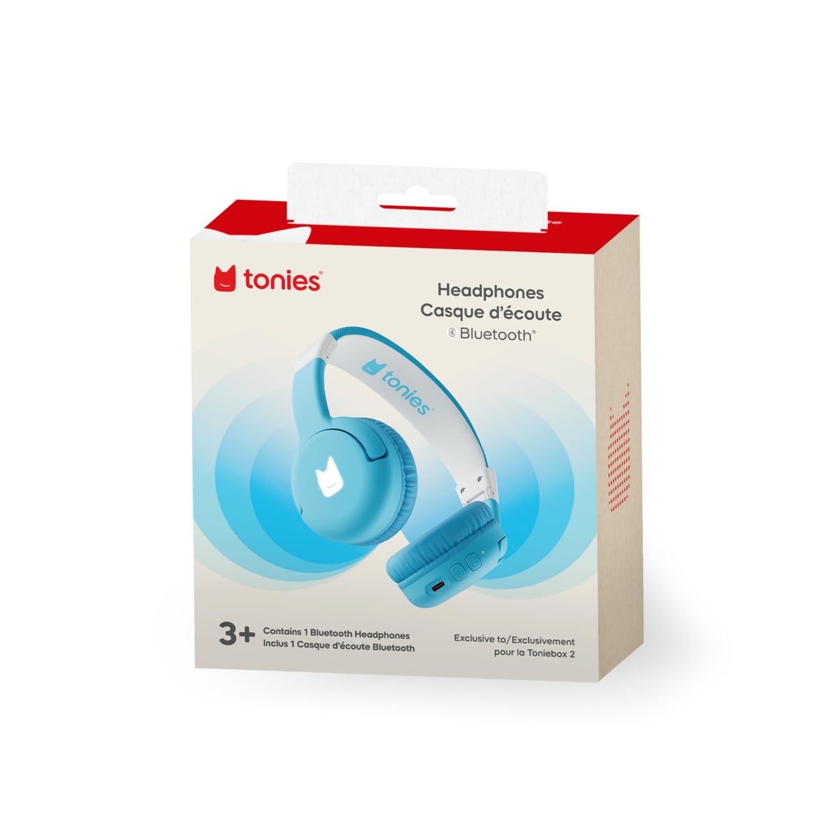 Tonies sky blue headphones beside a water bottle showing portable size advantage