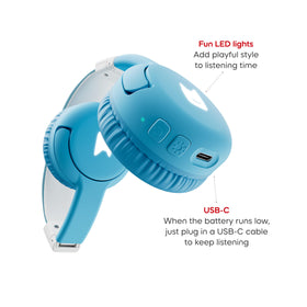 Child wearing Tonies sky blue headphones showing secure fit and comfortable listening