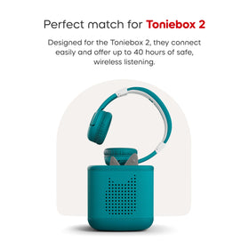 Child wearing Tonies headphones tropical teal enjoying quiet time comfortably