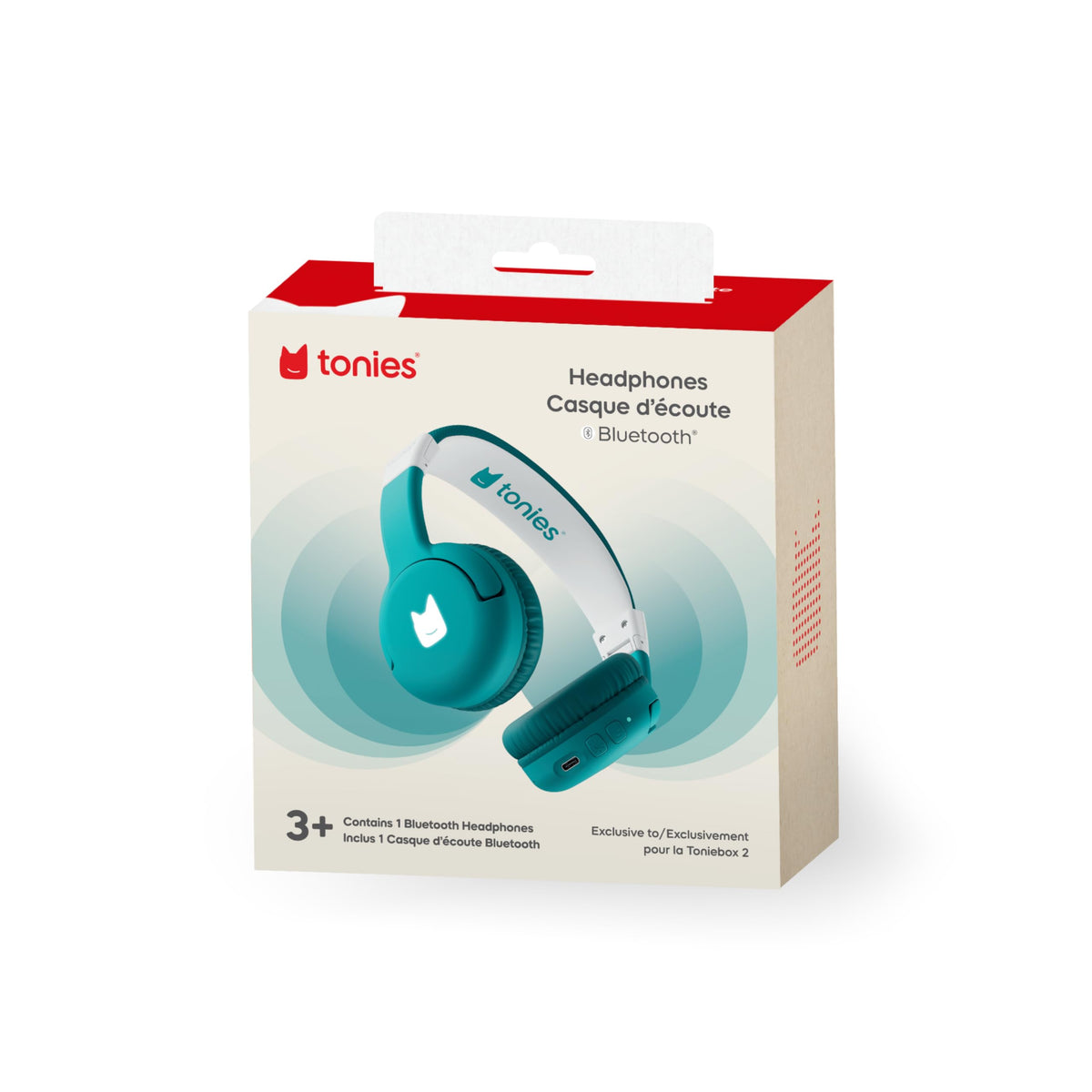 Tonies headphones size comparison next to a book to show child-sized fit
