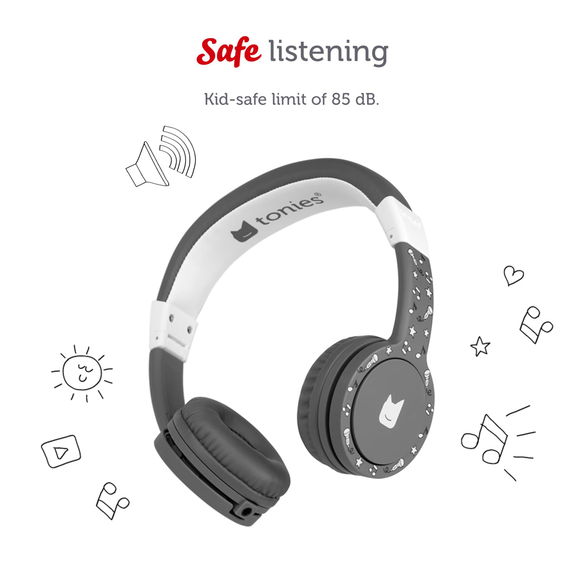 Tonies headphones feature 85 dB limiter to keep listening within a safe range