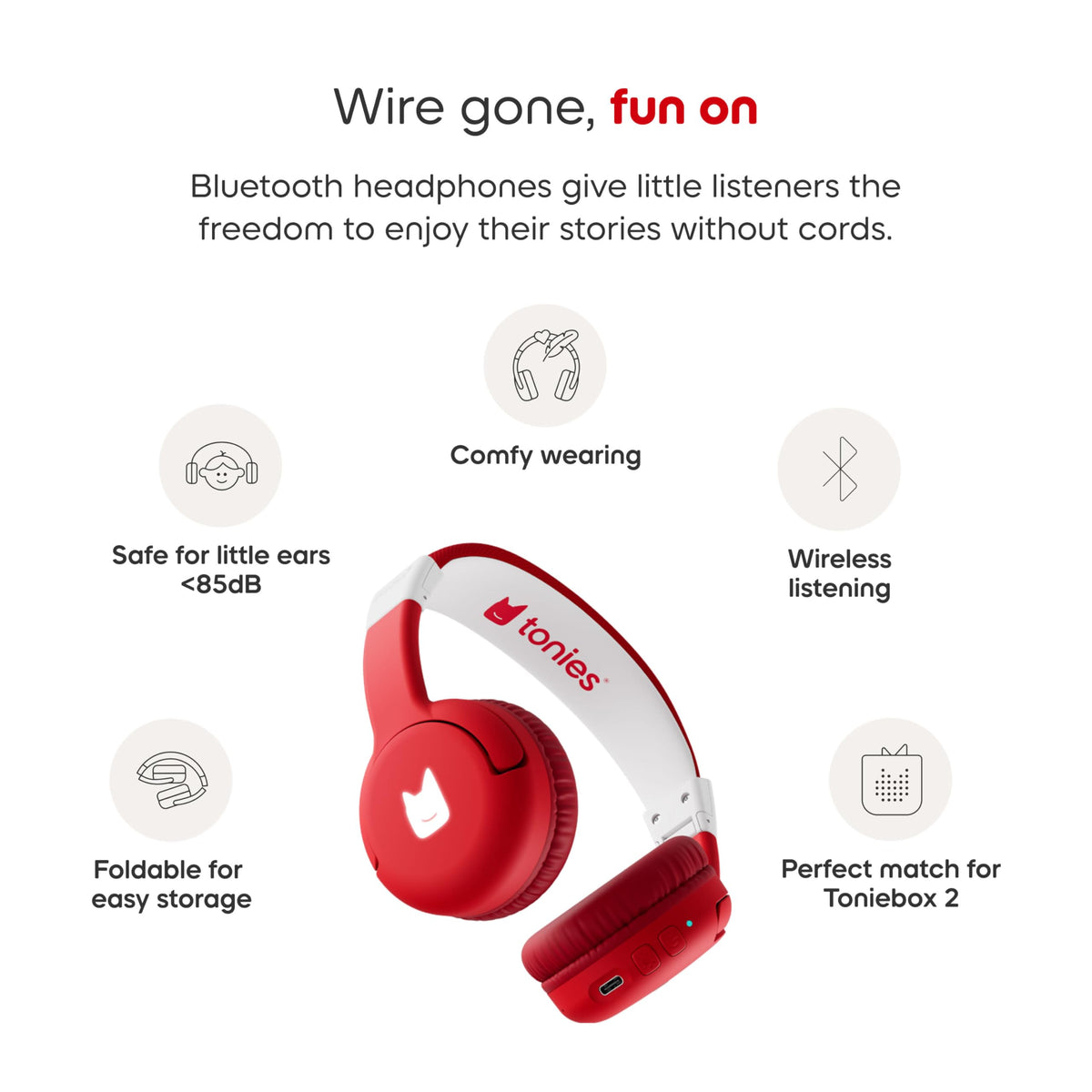 Tonies headphones paired with Toniebox 2 in use, delivering private storytime for kids