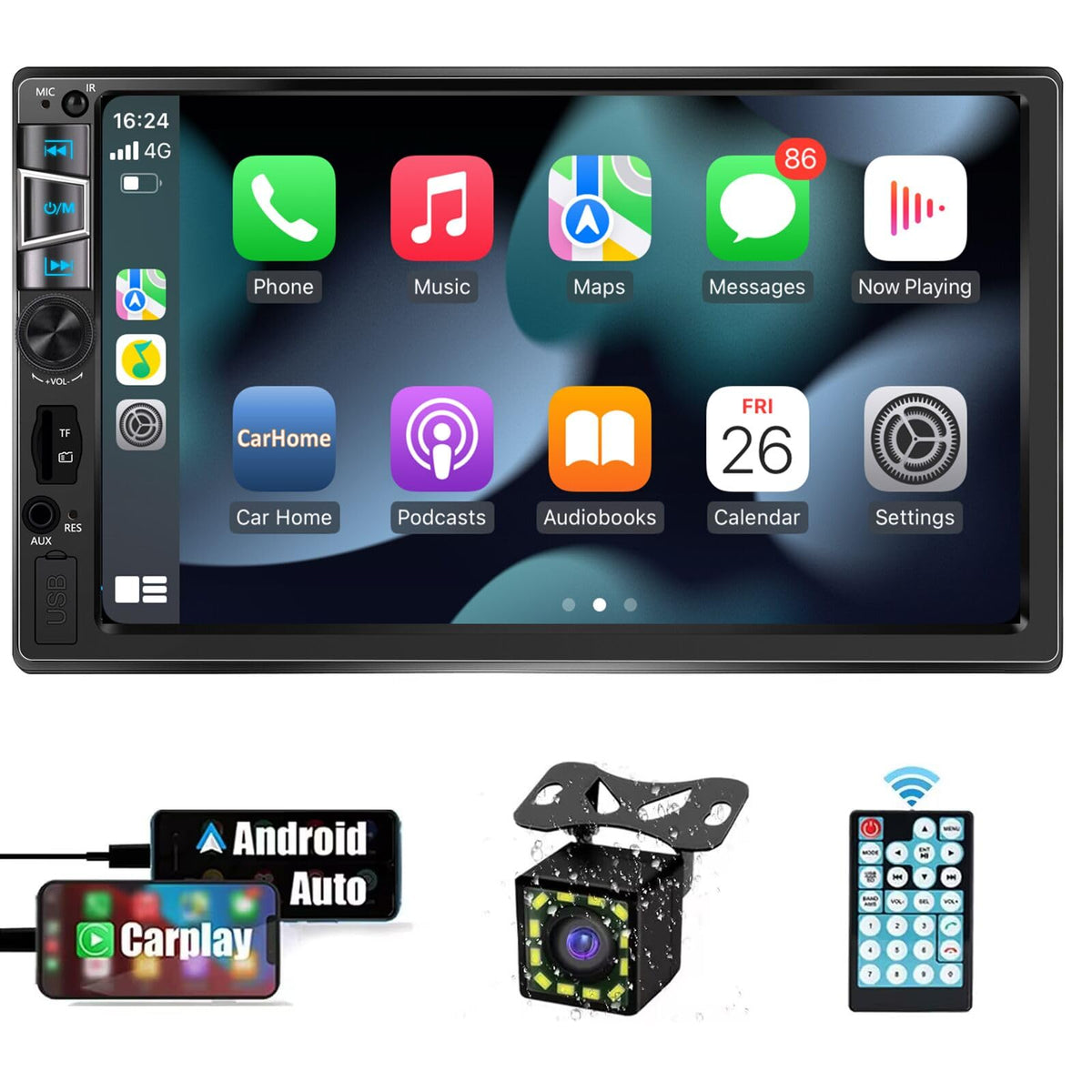 TONIKPMS-T double-din stereo front view highlights wireless CarPlay and Android Auto usability