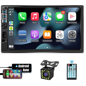TONIKPMS-T double-din stereo front view highlights wireless CarPlay and Android Auto usability