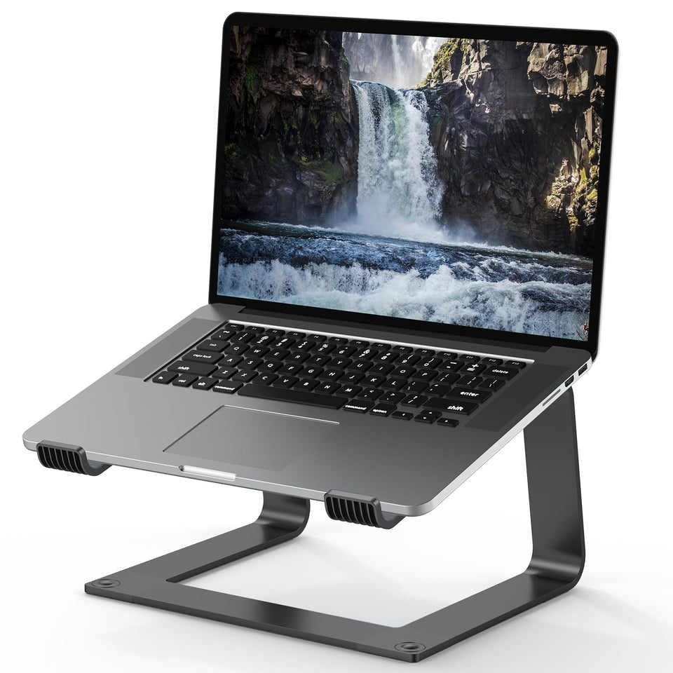 Tonmom front view of aluminum laptop stand showing sleek profile and stability benefit