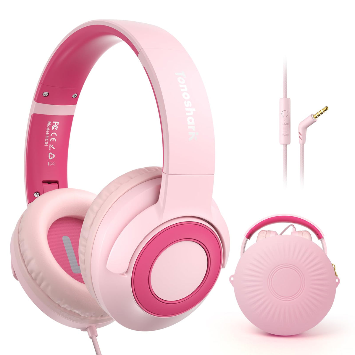 TONOSHARK pink over-ear kids headphones folded for easy travel storage