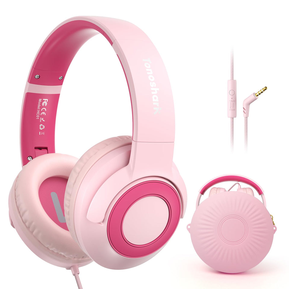 TONOSHARK pink over-ear kids headphones folded for easy travel storage