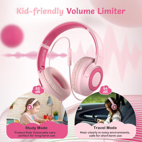 TONOSHARK pink headphones with microphone and preset volume limits for learning