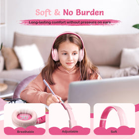 TONOSHARK pink over-ear headphones worn by a child for study